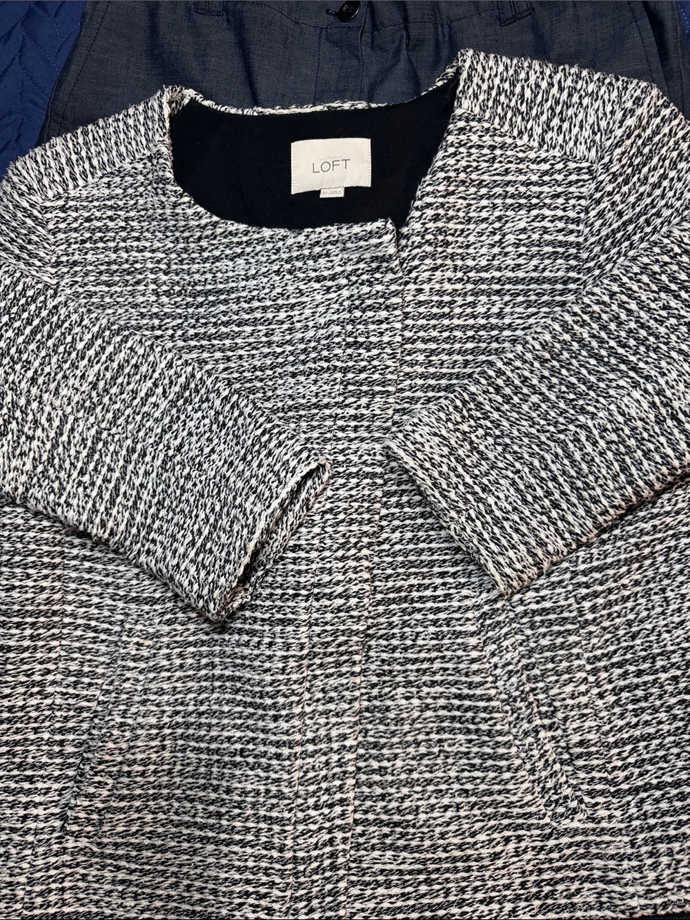 LOFT Black & White Tweed Collarless Open Jacket